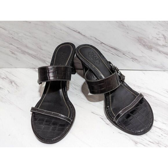 Chaps Women's Black Leather 3" Heel Croc Embossed Slide Kourtney Sandal Size 8 - Picture 1 of 12